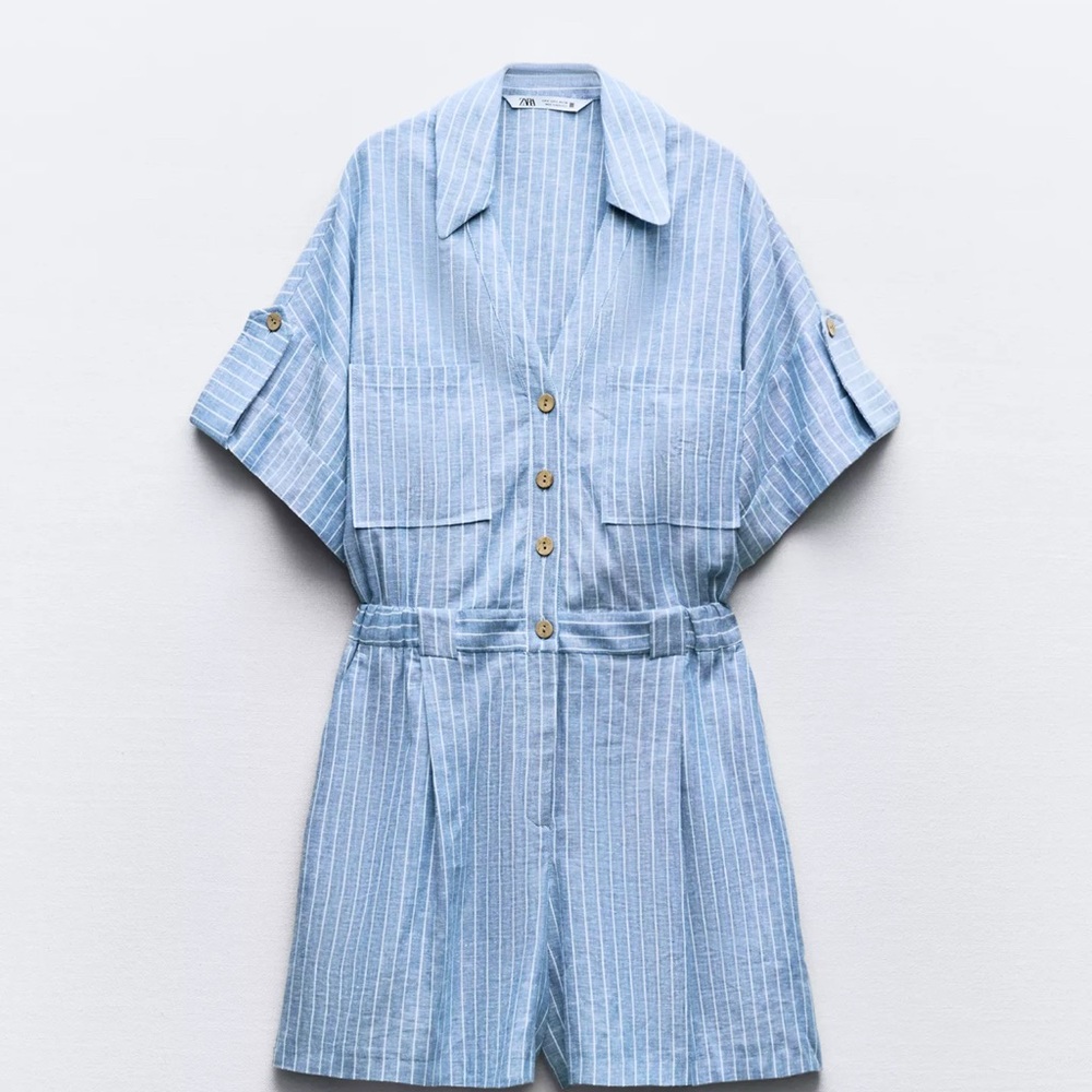 Zara Linen Blend Light Blue Striped Button-Up Romper XL